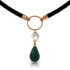 10.8 Carat 14K Solid Rose Gold Leather Necklace Pearl Emerald