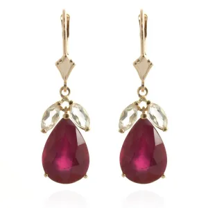 11 Carat 14K Solid Yellow Gold Leverback Earrings Ruby White Topaz