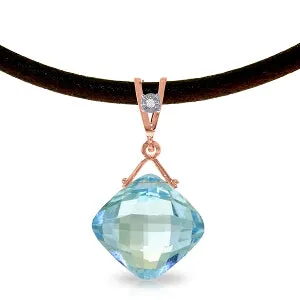 14K Solid Rose Gold & Leather Diamond/Blue Topaz Necklace