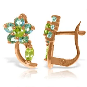 14K Solid Rose Gold Flowers Stud Earrings w/ Blue Topaz & Peridot