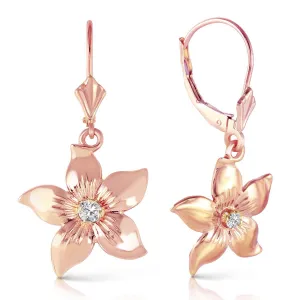 14K Solid Rose Gold Leverback Flowers Earrings w/ Diamond