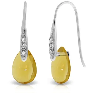 14K Solid White Gold Fish Hook Earrings w/ Diamonds & Dangling Briolette Citrines