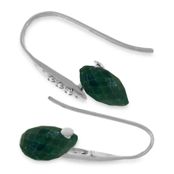 14K Solid White Gold Fish Hook Earrings w/ Diamonds & Dangling Dyed Green Sapphires