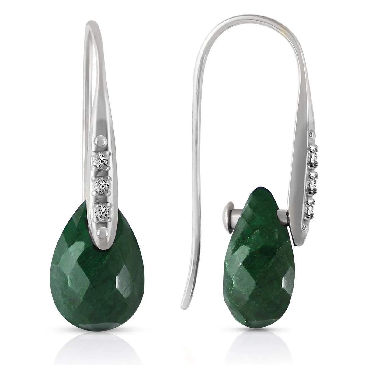 14K Solid White Gold Fish Hook Earrings w/ Diamonds & Dangling Dyed Green Sapphires