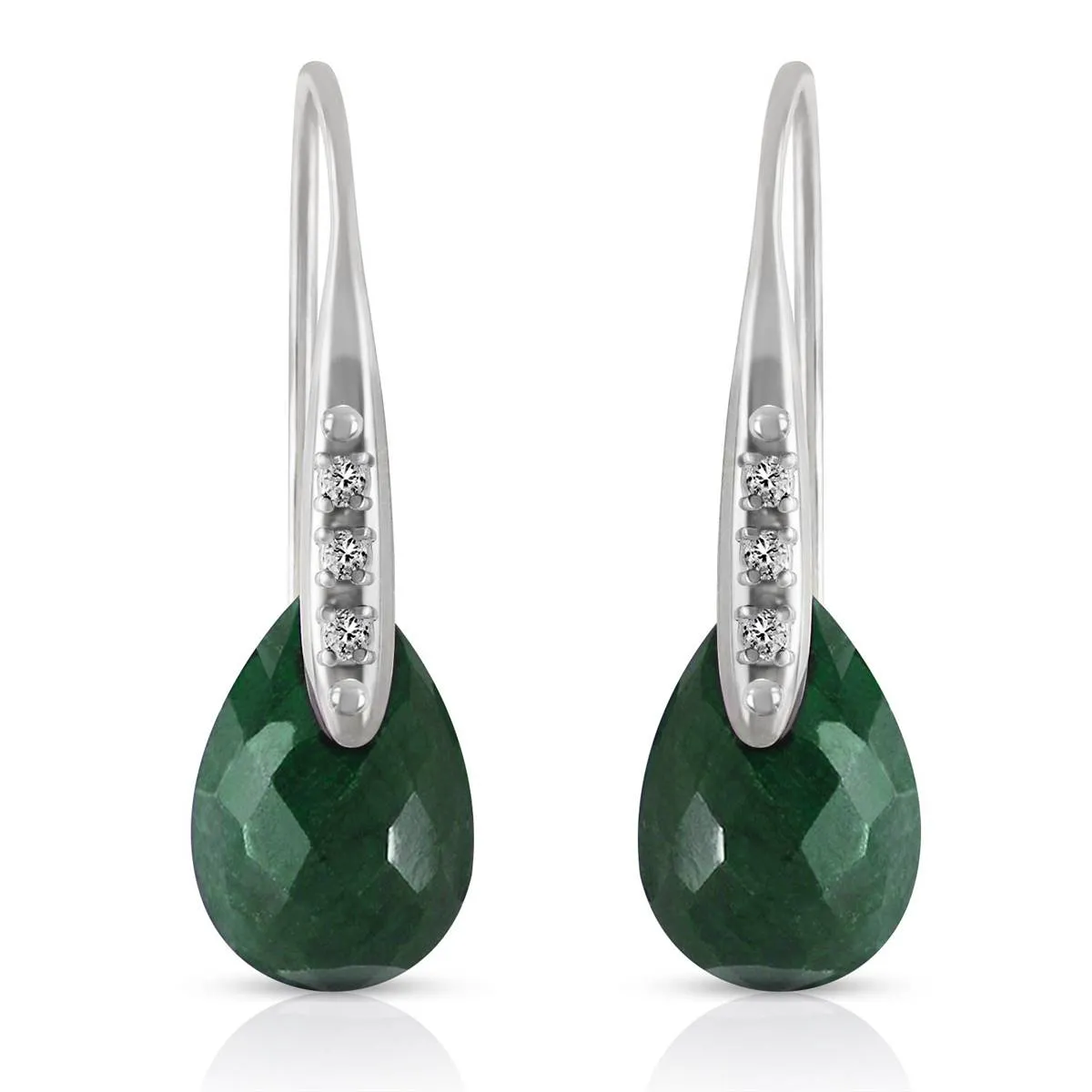 14K Solid White Gold Fish Hook Earrings w/ Diamonds & Dangling Dyed Green Sapphires