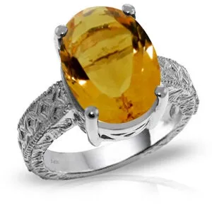 14K Solid White Gold Ring w/ Natural Oval Citrine