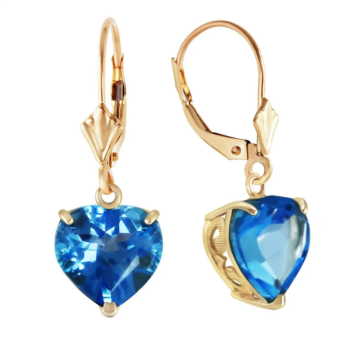 14K Solid Yellow Gold Leverback Earrings Natural 10mm Heart Blue Topaz