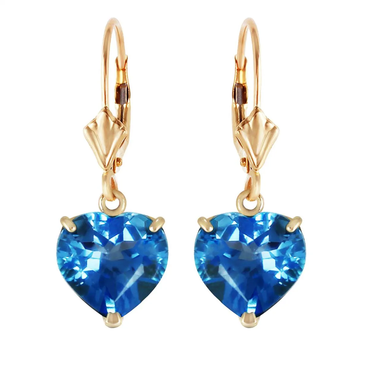 14K Solid Yellow Gold Leverback Earrings Natural 10mm Heart Blue Topaz