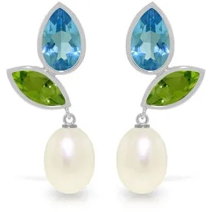 16.6 Carat 14K Solid White Gold Earrings Peridot, Blue Topaz Pearl