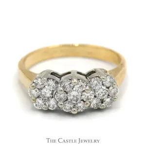 1cttw Triple Flower Diamond Cluster Ring in 14k Yellow Gold