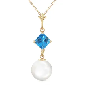 2.5 Carat 14K Solid Yellow Gold Angel's Advocate Blue Topaz Pearl Necklace