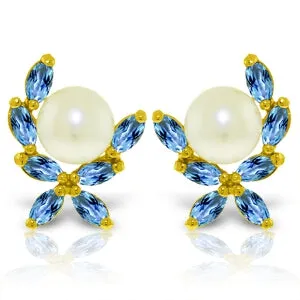 3.25 Carat 14K Solid Yellow Gold Stud Earrings Blue Topaz Pearl