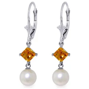 5 Carat 14K Solid White Gold Compelling Citrine Pearl Earrings