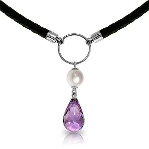 7.5 Carat 14K Solid White Gold Leather Necklace Pearl Amethyst