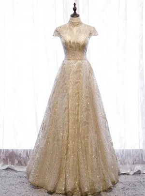 A-Line Gold Sequins High Neck Cap Sleeve Prom Dress