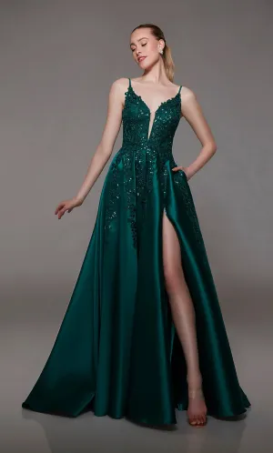 ALYCE Paris 1800 Pine Green Lace and Mikado A-Line Dress with Slit