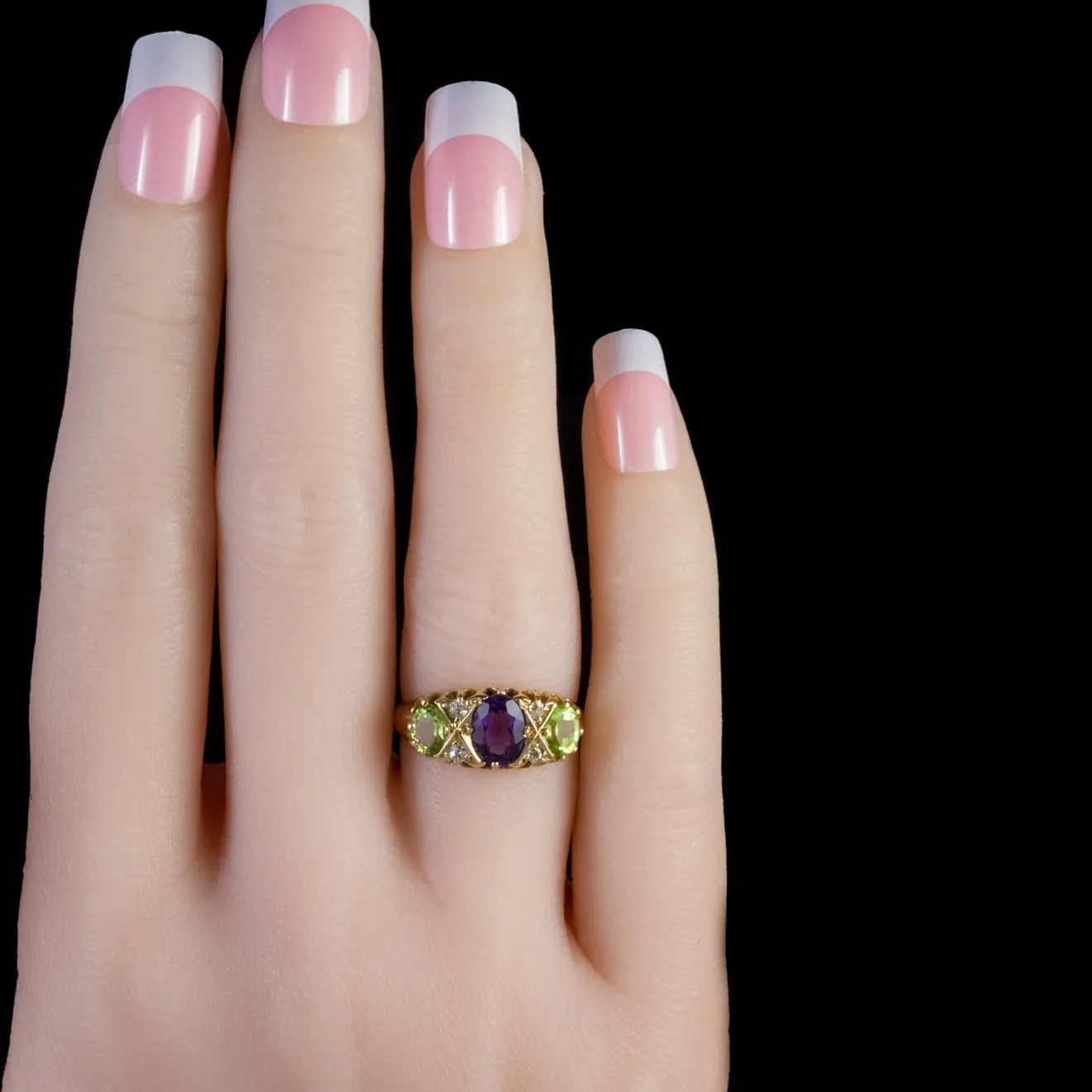 Antique Suffragette Edwardian Gold Ring Amethyst Diamond Peridot Circa 1910