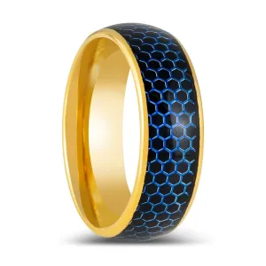 AQUAHEX | Gold Tungsten Ring, Domed Ring, Blue Honeycomb Cutout