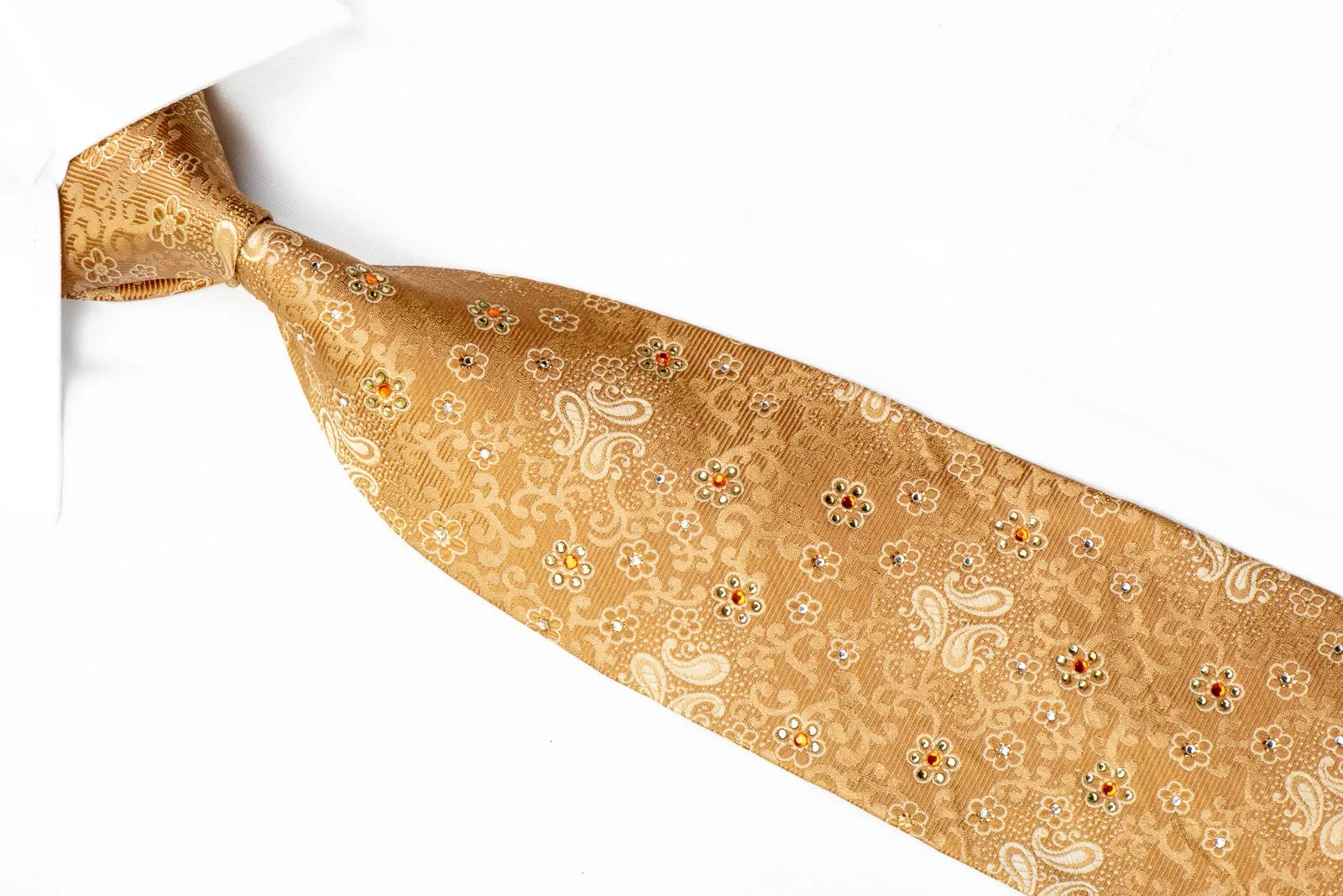 Arnaldo Bassini Rhinestone Tie Paisley Scrolls On Golden Silk