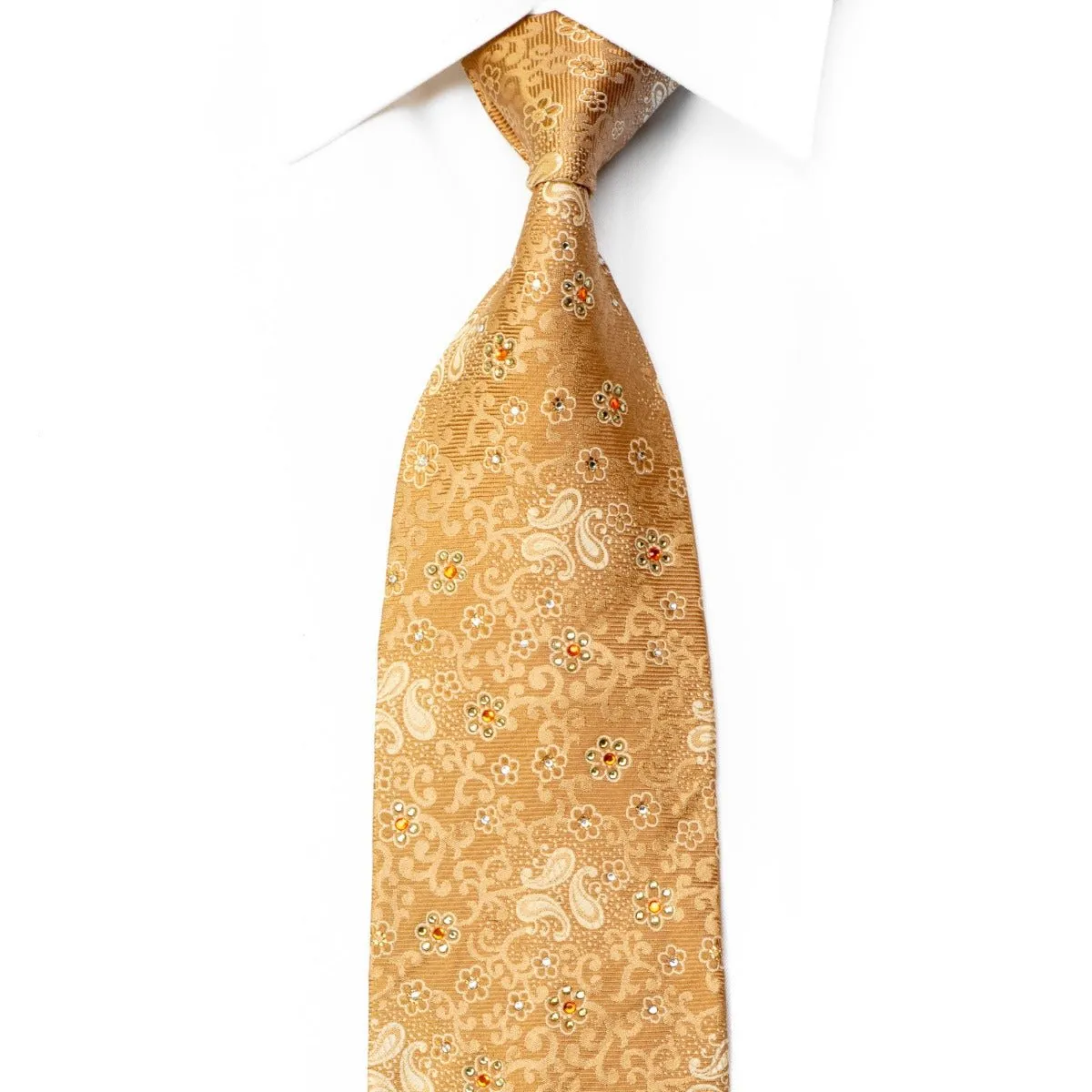 Arnaldo Bassini Rhinestone Tie Paisley Scrolls On Golden Silk