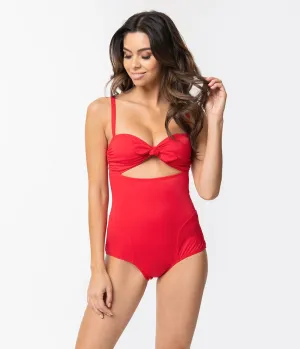 Bettie Page Retro Style Red Cutout One Piece Swimsuit