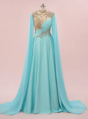 Blue Chiffon Beading High Neck Prom Dress