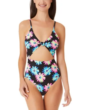 California Waves Junior's Gerber Daisy Knotted Cutout One Piece Swimsuit Black