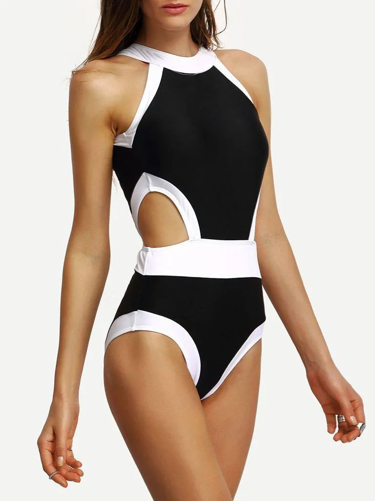 Contrast High Neck Cutout One-Piece Swimwear