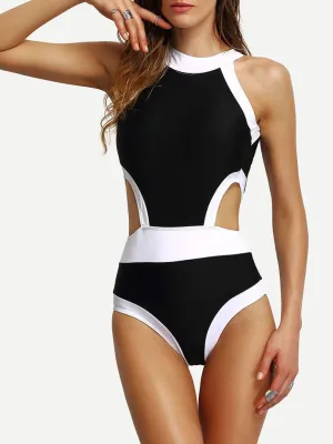 Contrast High Neck Cutout One-Piece Swimwear