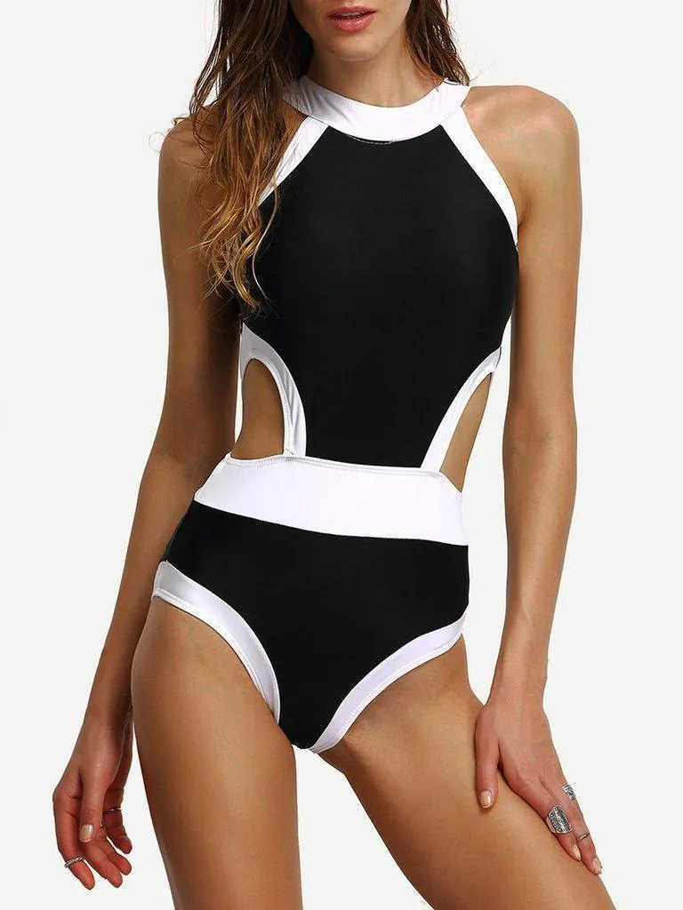 Contrast High Neck Cutout One-Piece Swimwear