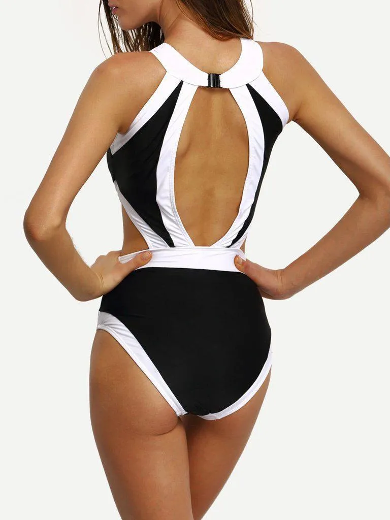 Contrast High Neck Cutout One-Piece Swimwear