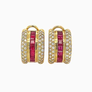 Deco Burmese Ruby Diamond Ear Clips