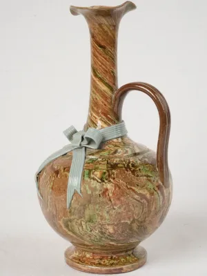 Early 20th French Marbled Glazed Pitcher with Decorative Bow, 11"