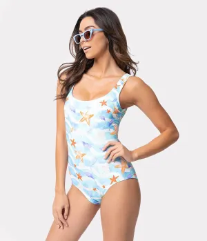 Girl Howdy Blue Stripe & Sea Life Print Marinela Tank One Piece Swimsuit