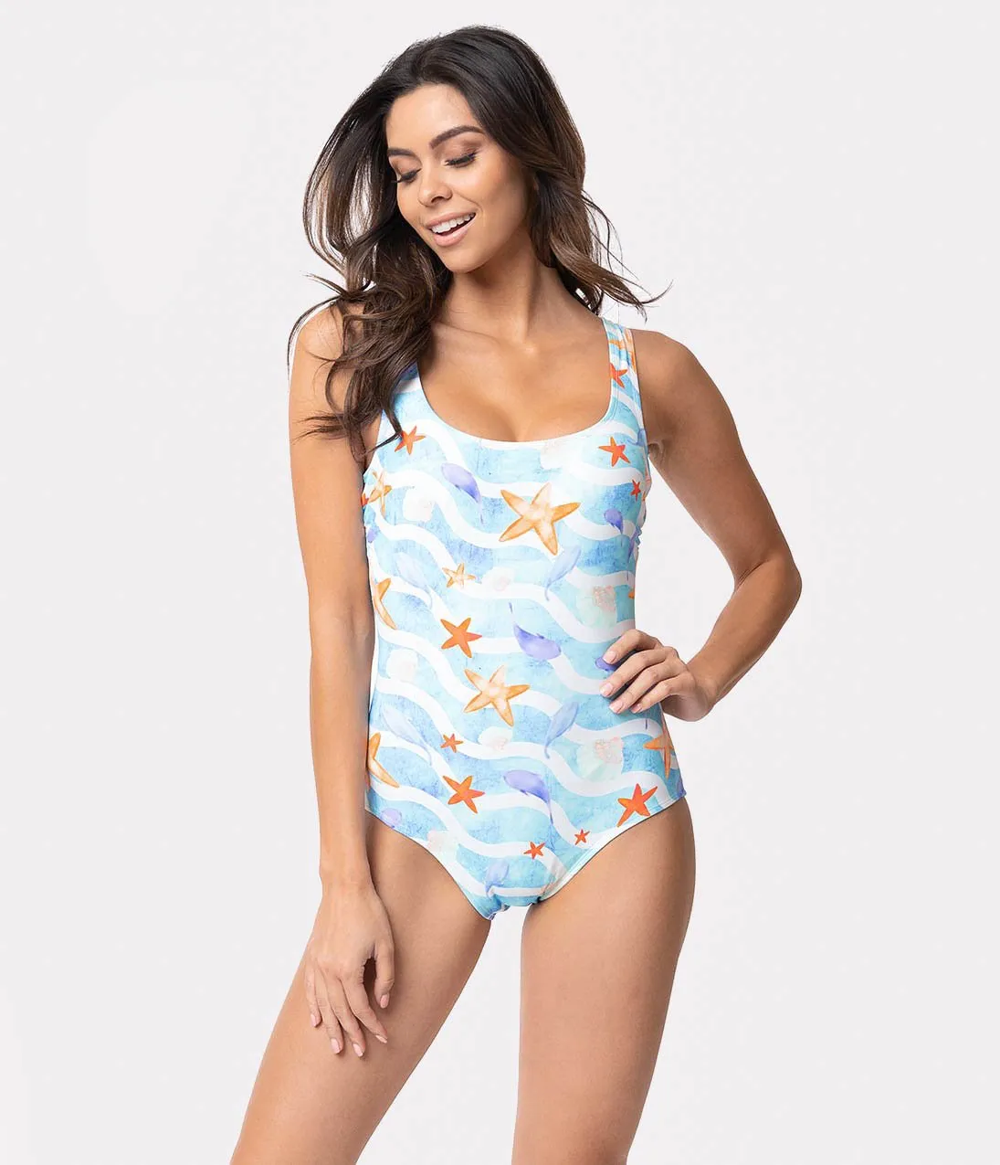 Girl Howdy Blue Stripe & Sea Life Print Marinela Tank One Piece Swimsuit
