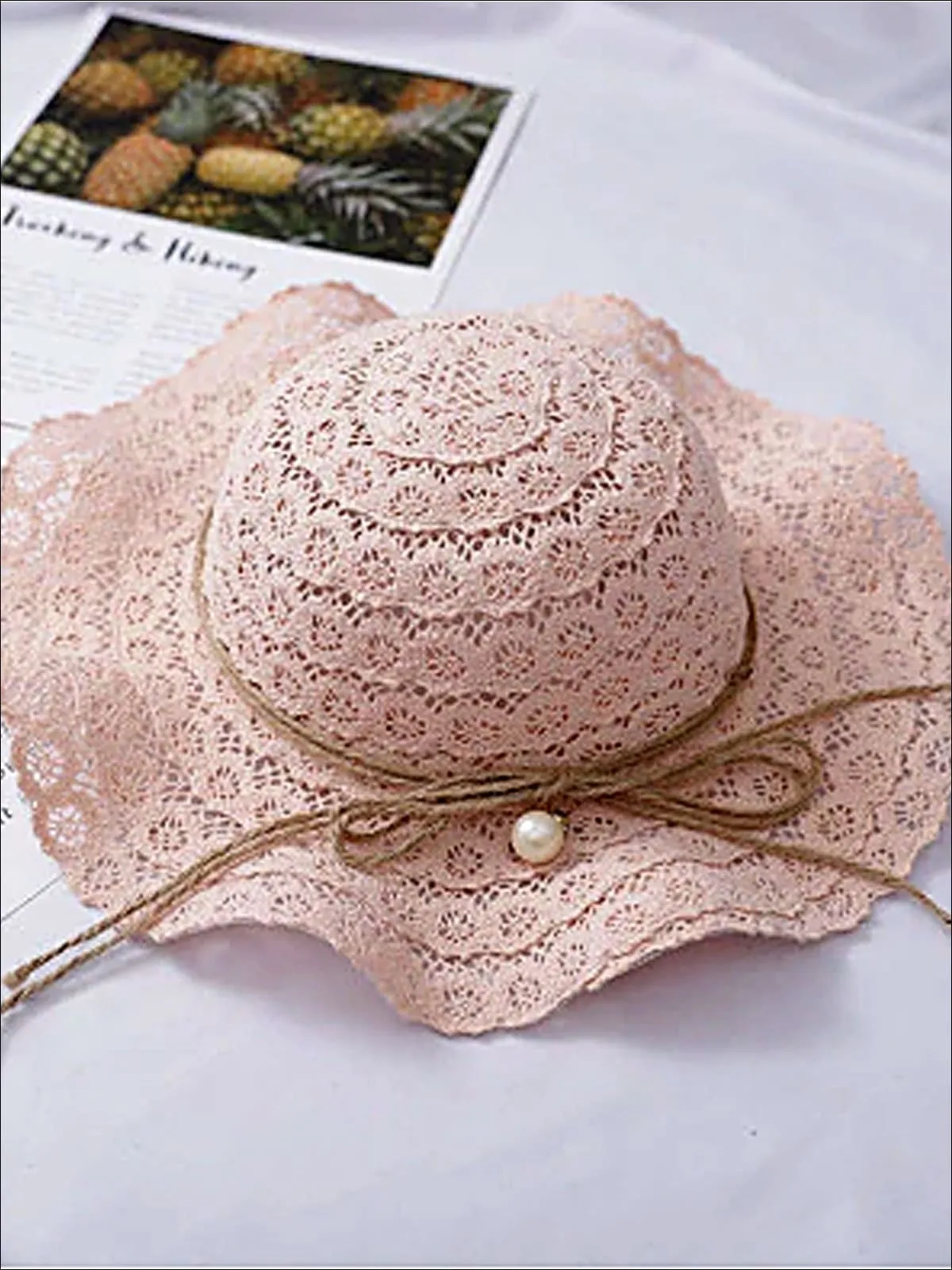 Girls Boho Floppy Straw Hat With Pearl Embellishment