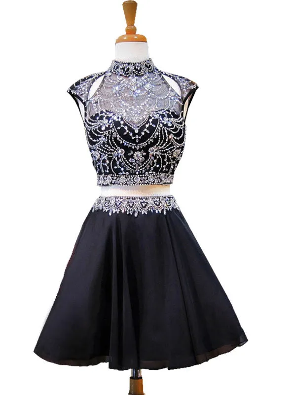 High Neck Beaded Crystals Backless Chiffon Homecoming Dress