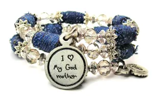 I Love My Godmother Child Handwriting Blue Jean Beaded Wrap Bracelet