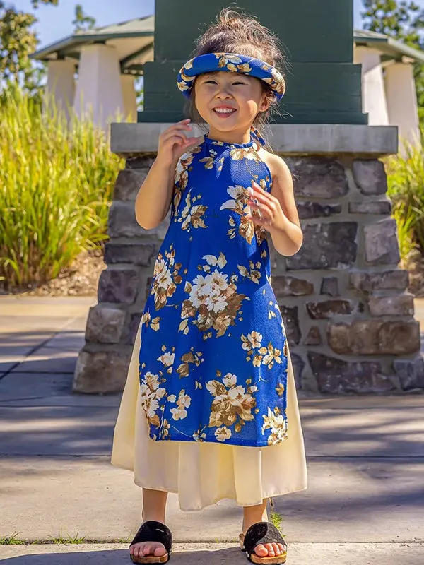 Kids Ao Dai Girl Blue Ao Dai Set With Headband