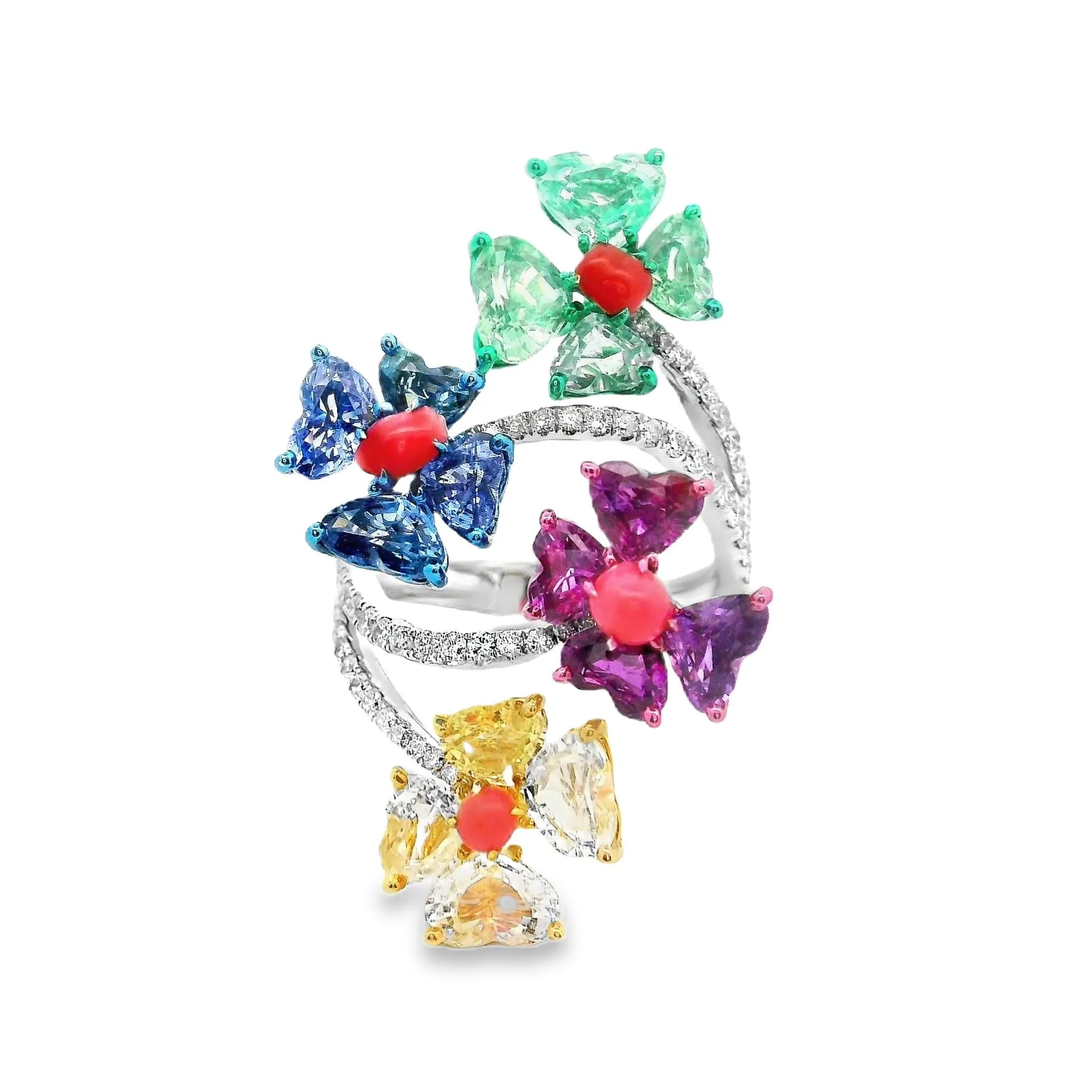 Multi-Color Sapphire Conch-Pearl Diamond 18k White Gold & Rhodium Floral Ring