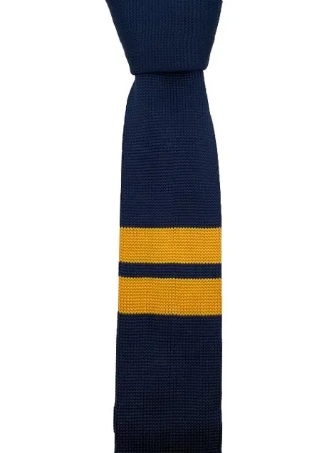 Navy Blue Knitted Tie with Double Mustard Yellow Stripes