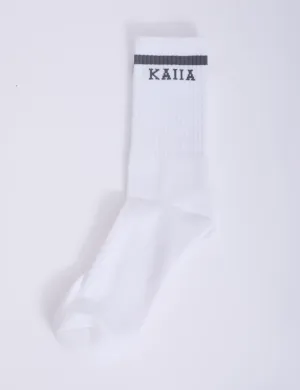 One Pair Kaiia Logo Sport Stripe Longline Socks White & Grey