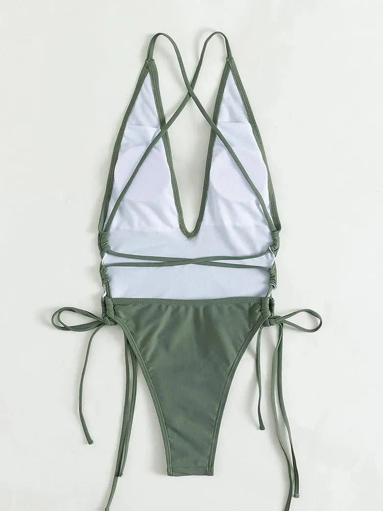 Plunging Lace Up Swimsuit