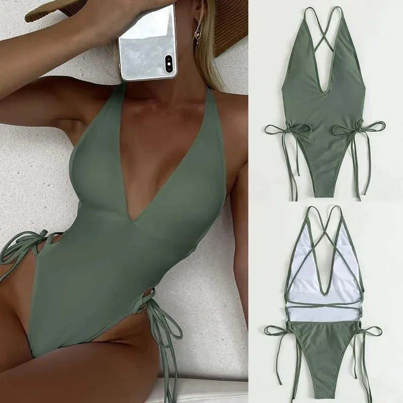 Plunging Lace Up Swimsuit