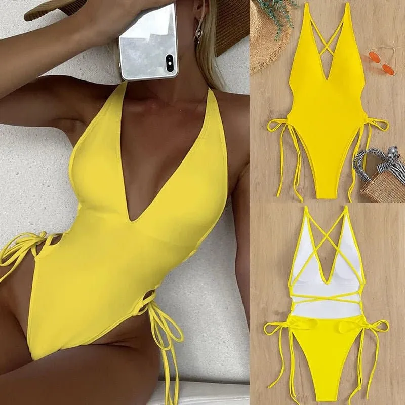 Plunging Lace Up Swimsuit