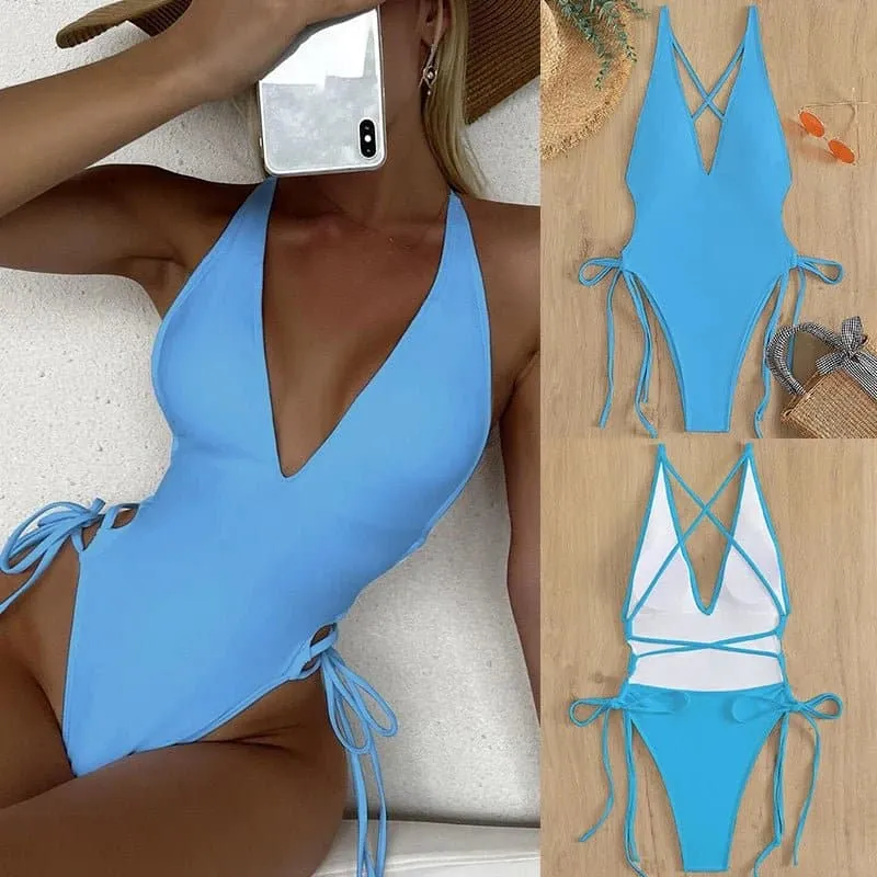 Plunging Lace Up Swimsuit