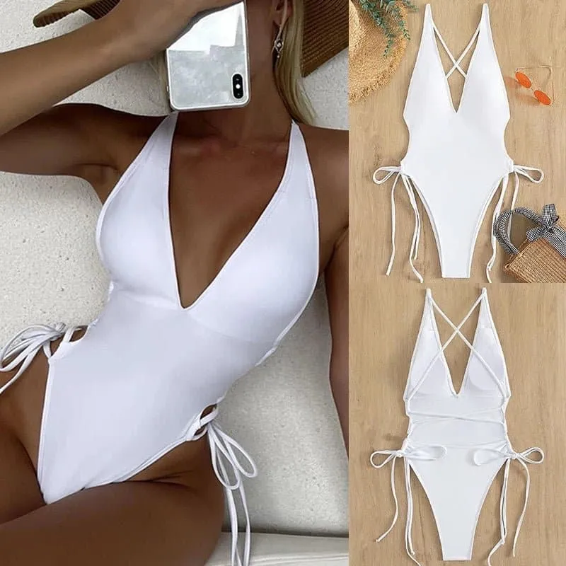 Plunging Lace Up Swimsuit