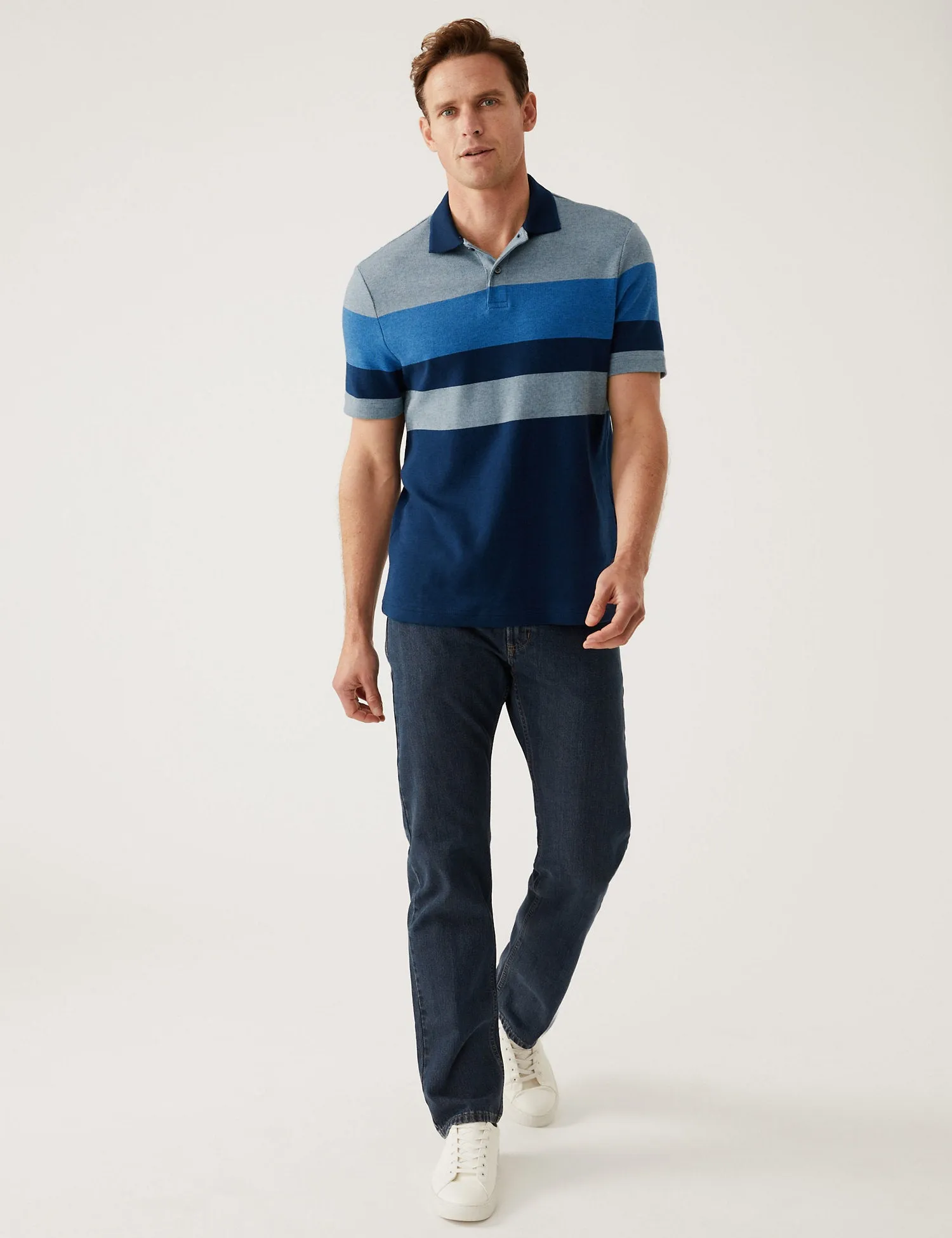 Pure Cotton Double Knit Striped Polo Shirt