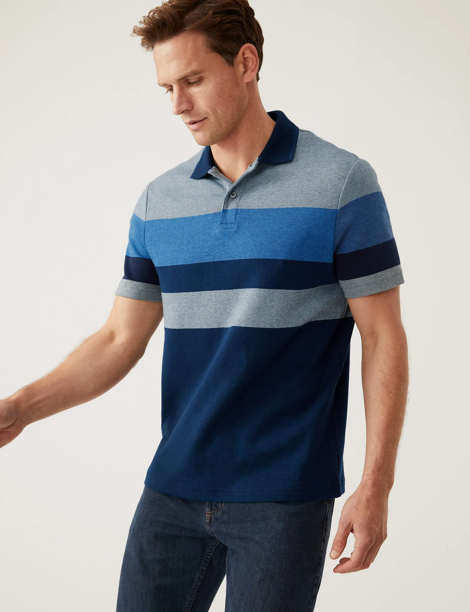 Pure Cotton Double Knit Striped Polo Shirt