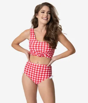 Retro Style Red & White Gingham Ruffle Swim Bottom